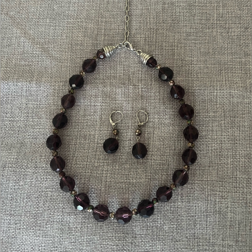 Vintage Deep Purple Faceted and Cloisonné Accent Beads Necklace & Earring Set - Picture 5 of 6